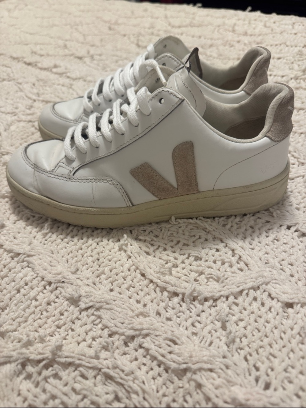 Veja V12 White Leather Sneakers with Tan Suede V Size 37 EU- 6US